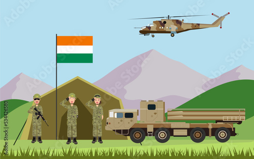 Military landscape with military camp, army tank, chopper and Indian flag. mountain scenery. Happy Republic Day. vector illustration.