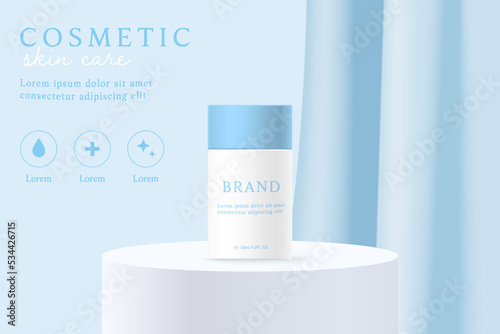 Natural cosmetics and skin care product ads template on blue curtain background.