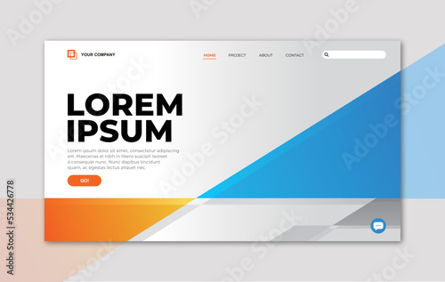 Landing page template with blue and orange triangle geometry shape on white background for website home page