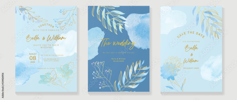Luxury wedding invitation card template. Watercolor card with blue, leaf branch, flowers, brush , foliage, line art. Elegant gold botanical vector design suitable for banner, cover, invitation.