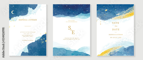 Luxury wedding invitation card template. Watercolor card with blue color, star, sparkle, gold brush, watercolor texture, foil. Elegant galaxy vector design suitable for banner, cover, invitation.