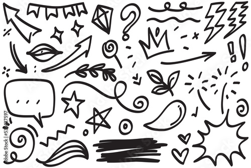 Hand drawn set elements  Abstract arrows  ribbons  hearts  stars  crowns and other elements in a hand drawn style for concept designs. Scribble illustration. Vector illustration.