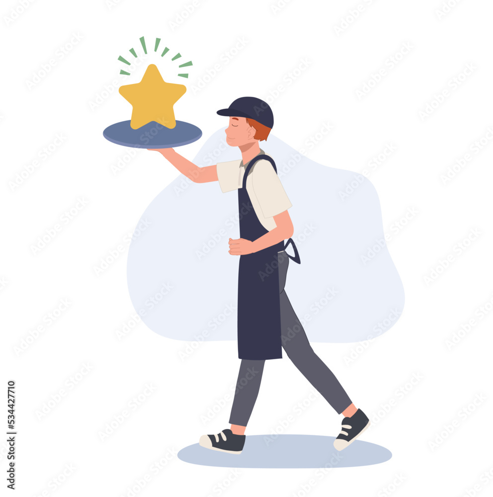 Waiter carrying golden shining star on tray. professional service concept. vector illustration.