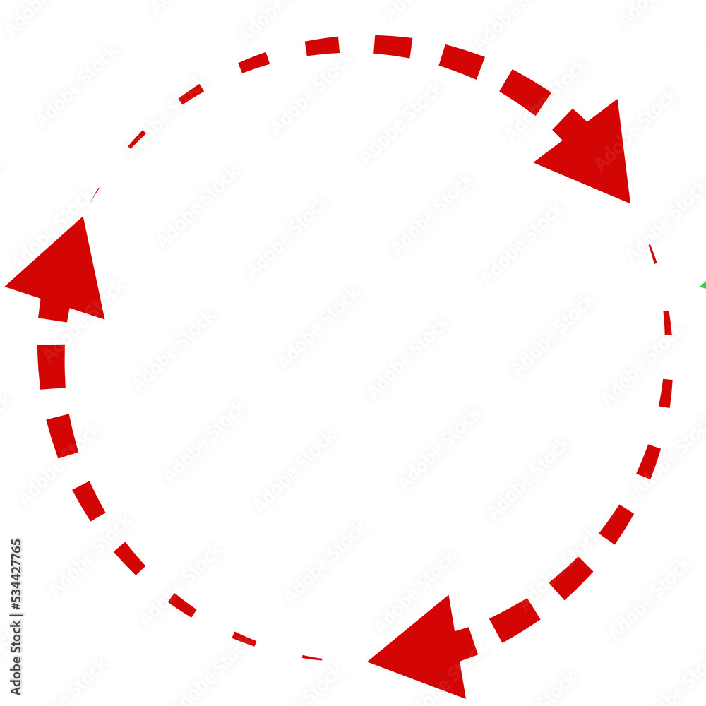 Sync storage, recycling icon, flat design element. Outlined dashed red circle with three arrows. Isolated png illustration, transparent background. Business, technology, ecology concept.