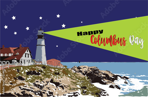 Columbus Day vector depicting a lighthouse with a background of stars and blue colors like the US flag.