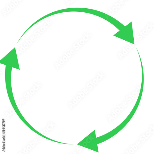 Sync storage, recycling icon, flat design element. Outlined green circle with three arrows. Isolated png illustration, transparent background. Business, technology, ecology concept.