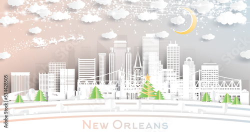 New Orleans Louisiana City Skyline in Paper Cut Style with Snowflakes, Moon and Neon Garland.