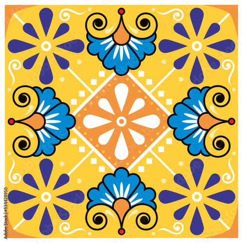 Mexican talavera style ceramic single tile vector seamless pattern with flowers and swrils, textile or fabric print design
 photo
