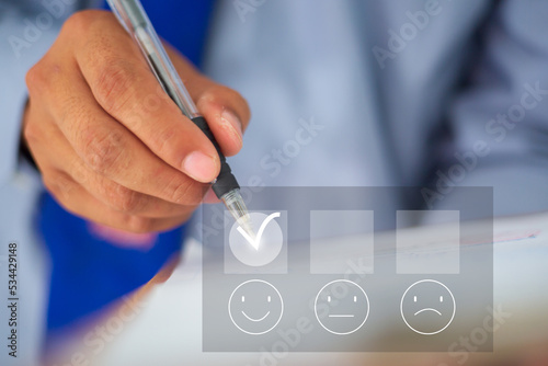 Customer service evaluation concept. Professionnal businessman contract signature, document management, paper in office, signing business contract concept.