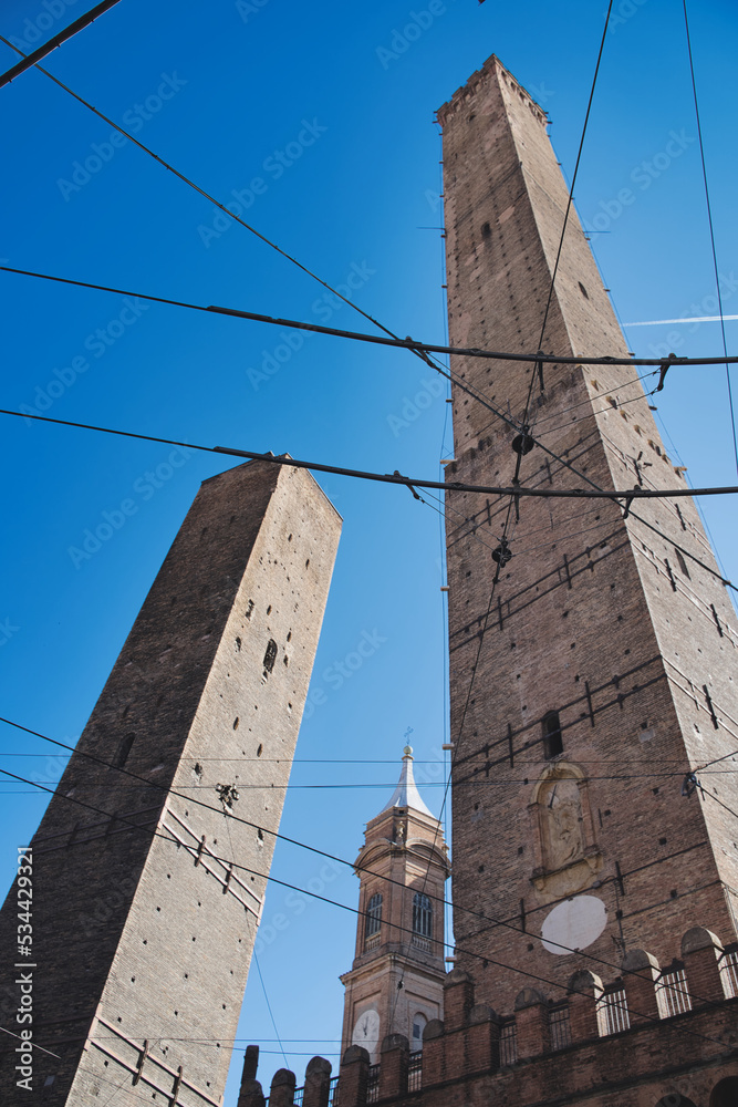 Two famous  Bologna towers Asinelli and Garisenda. Bologna, Emilia-Romagna, Italy.