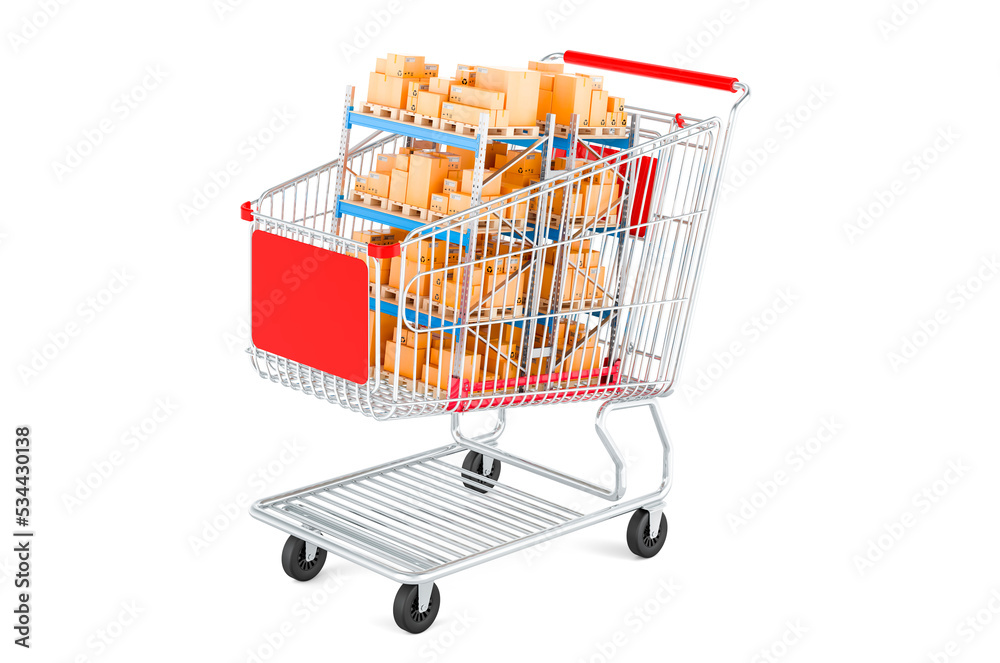 Shopping cart with pallet racks, 3D rendering