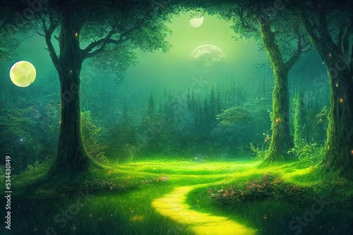 Fantasy and magical enchanted fairy tale landscape with forest, fabulous fairytale mysterious background, glowing moon ray in dark night