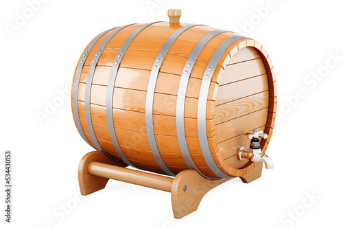 Wooden barrel with valve and stand  3D rendering