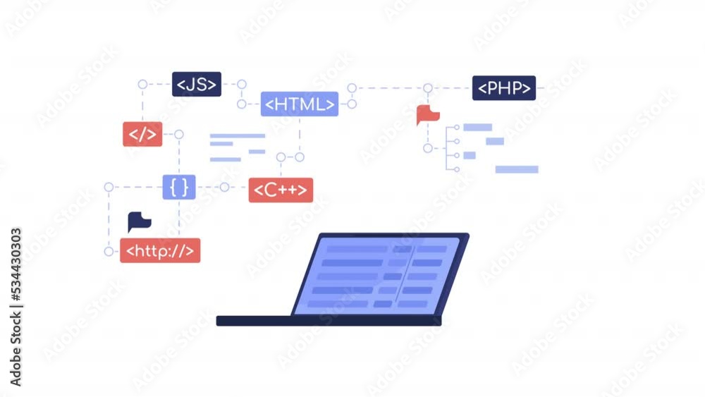Animated coding on laptop object. Programming languages. Full sized ...
