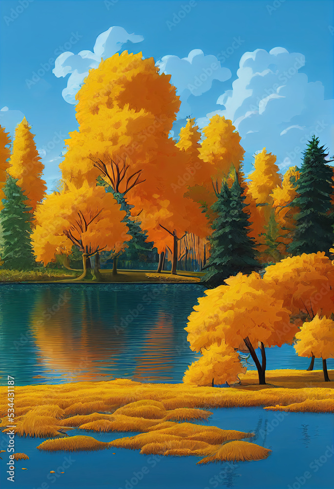 Autumn background. Lake or river with orange bushes and trees. Colorful tree branches. 3d illustration Autumn background. Lake or river with orange bushes and trees. Colorful tree branches. 3d illustration