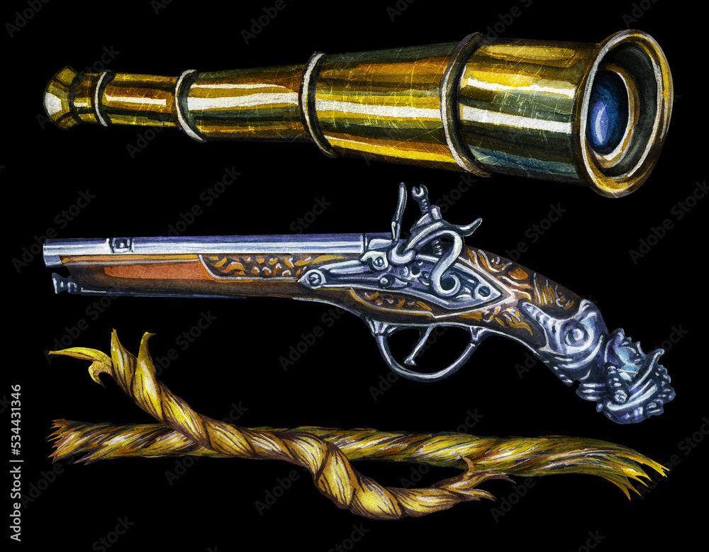 Naklejka premium Pirate set. Spyglass, antique pistol and ropes.Marine equipment. Watercolor drawing on a black background.