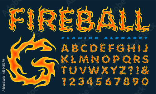 Fireball flaming alphabet, as the name suggests, is a stylized burning flame effect on an alphabet with numbers and some punctuation.