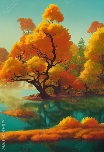 Autumn background. Lake or river with orange bushes and trees. Colorful tree branches. 3d illustration