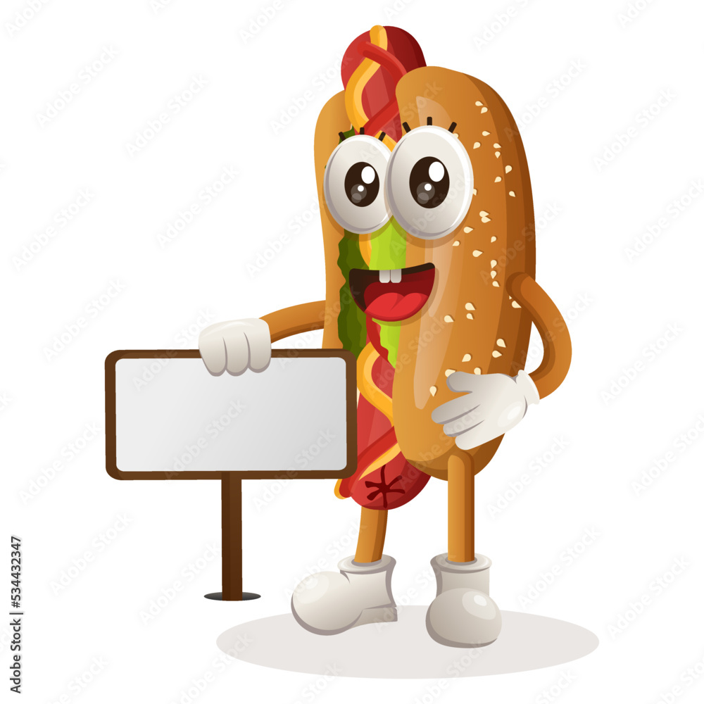 Cute hotdog mascot standing next to a billboard