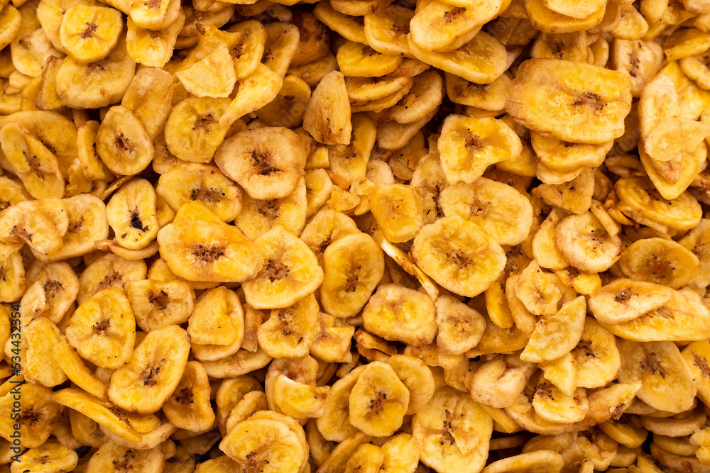 Musa × paradisiacal - Dehydrated organic banana slices in the flea market Musa × paradisiacal - Dehydrated organic banana slices in the flea market