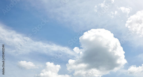 Panoramic photo of blurred sky. Blue sky background with cumulus clouds