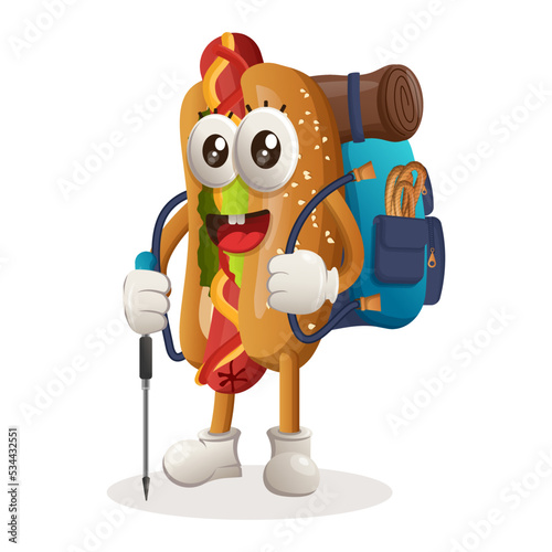 Cute hotdog mascot adventure trekking