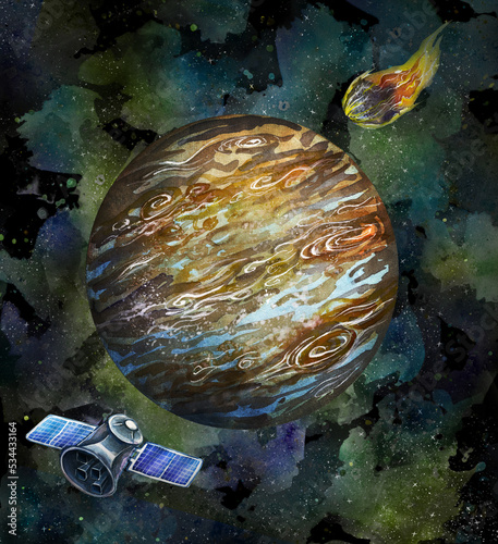 Planet Jupiter on the background of space. Celestial bodies, meteorites and satellites. Watercolor drawing from the series of astronomy. photo