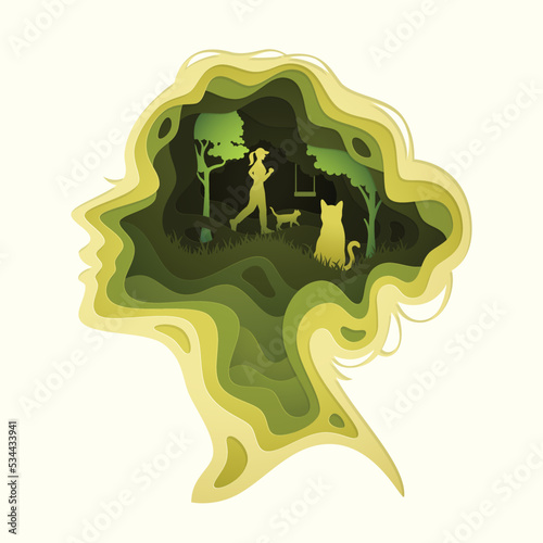 Paper cut layered woman head with silhouette of a female jogging with her dog, Business or mind psychology concept