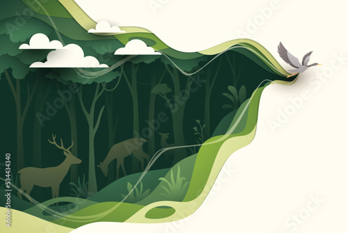 Flying bird in natural forest layered shape wavy background in paper cut style