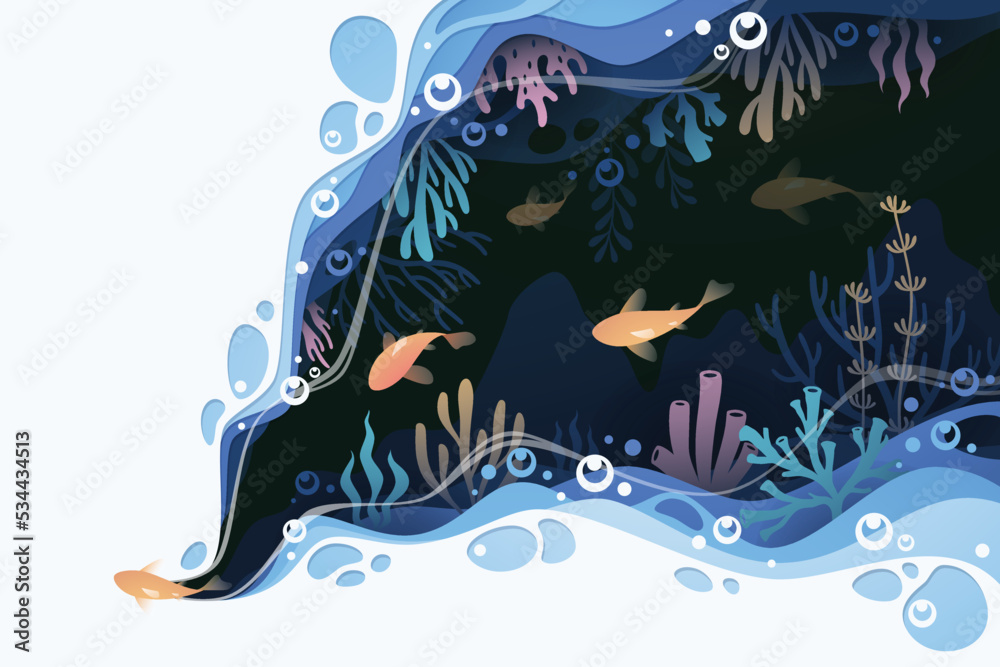 Fishes layered shape wavy ocean underwater background in paper cut style Fishes layered shape wavy ocean underwater background in paper cut style