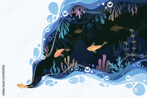 Fishes layered shape wavy ocean underwater background in paper cut style