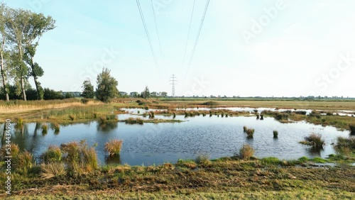 Dutch water nature reserve aerial view. Drone flying over water in Holland photo