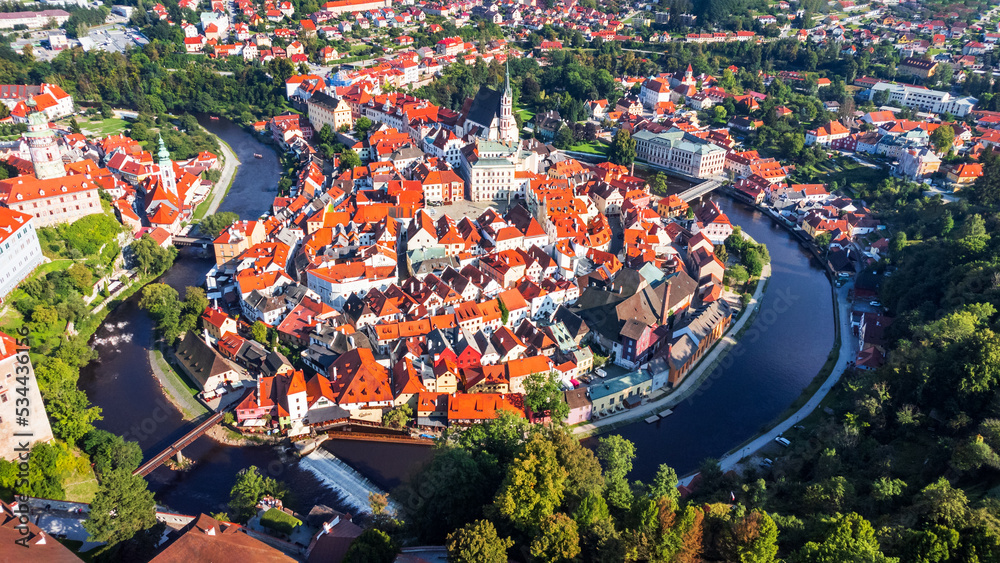 Cesky Krumlov, Czech Republic - Drone view of old town in Bohemia