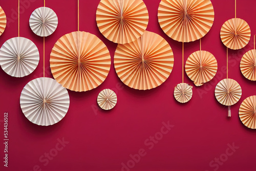 Chinese beige minimal background with pedestal  podium  round stage for product display presentation. Happy Chinese new year concept with folded paper fans. Mid autumn festival background. 3d render