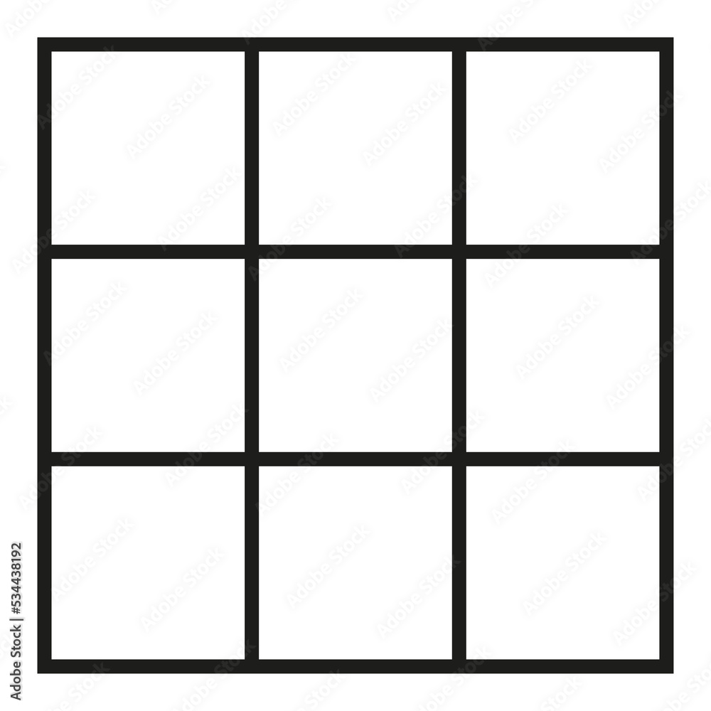 Black Outlined Square Divided In Nine Parts Into Ninths 3x3 Grid