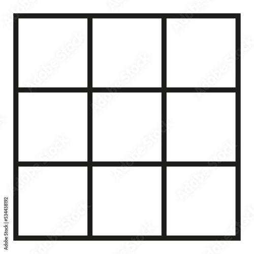 Black outlined square divided in nine parts, into ninths. 3x3 grid. Isolated png illustration, transparent background. Asset for overlay, montage, collage, presentation. Business concept.	