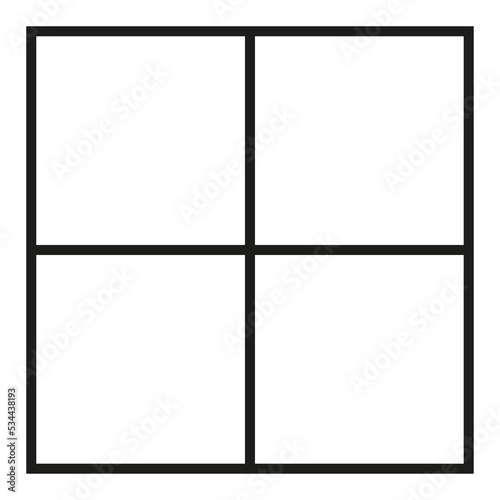 Black outlined square divided in four parts, into quarters. 2x2 grid. Isolated png illustration, transparent background. Asset for overlay, montage, collage, presentation. Business concept.	