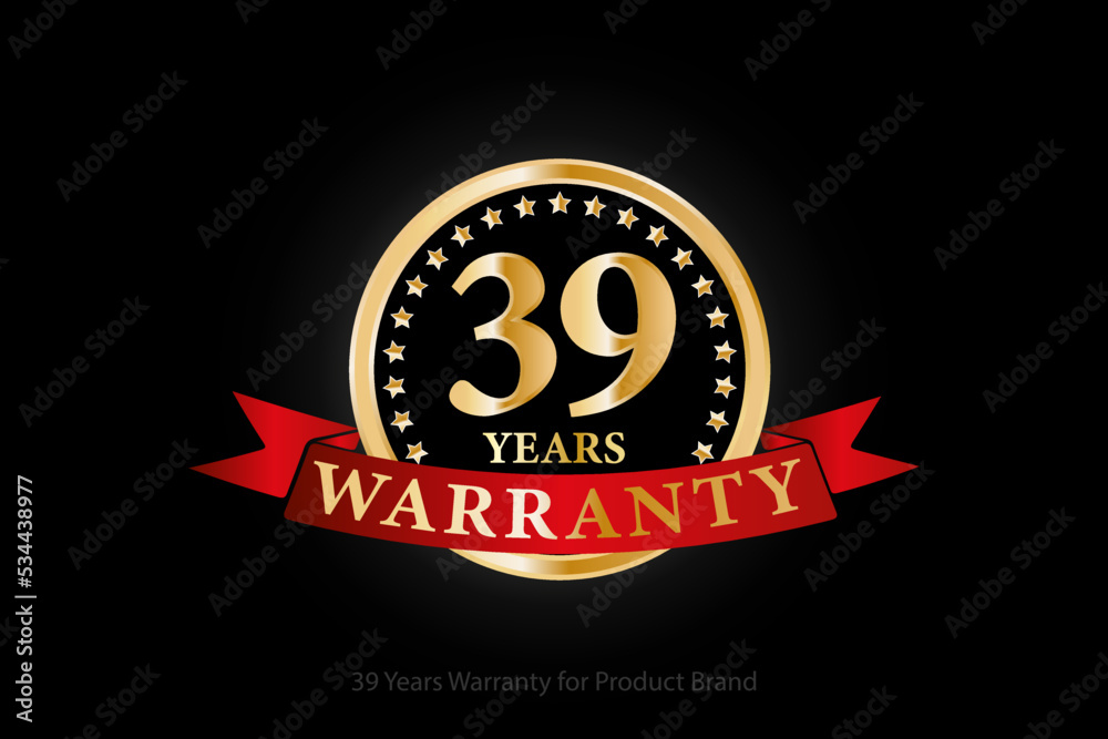39 years golden warranty logo with ring and red ribbon isolated on black background, vector design for product warranty, guarantee, service, corporate, and your business. 39 years golden warranty logo with ring and red ribbon isolated on black background, vector design for product warranty, guarantee, service, corporate, and your business.