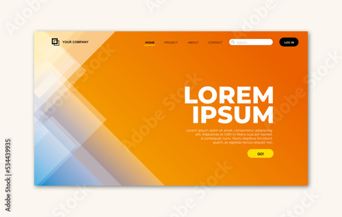 Landing page template with transparent glass in triangle geometric shape on orange blue background for website home page