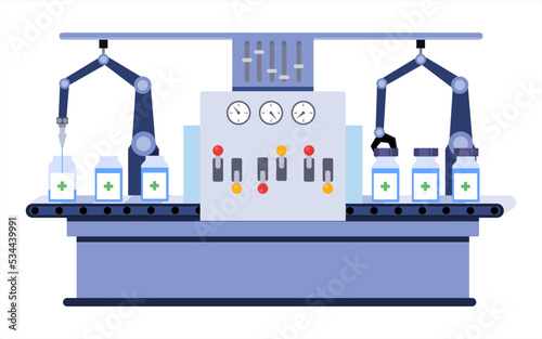 Factory interior with automatic machine. medical factory manufacture producing vaccine. vector illustration.