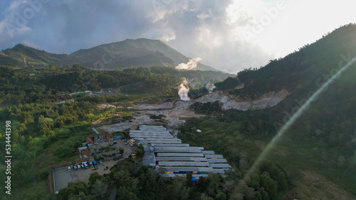 Aerial view of Sikidang Crater at Dieng Plateau, an Active Volcano Crater.  photo