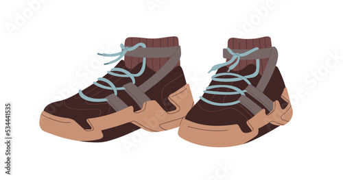 Sneakers, comfortable sport shoes. Modern comfort footwear. Fashion athletic footgear pair, hiking ankle-length trainers. Trendy foot wear. Flat vector illustration isolated on white background