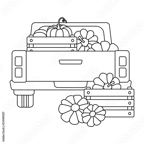 Autumn car with Pumpkin. Coloring book page for kids. Harvest pick up truck. Thanksgiving vector composition