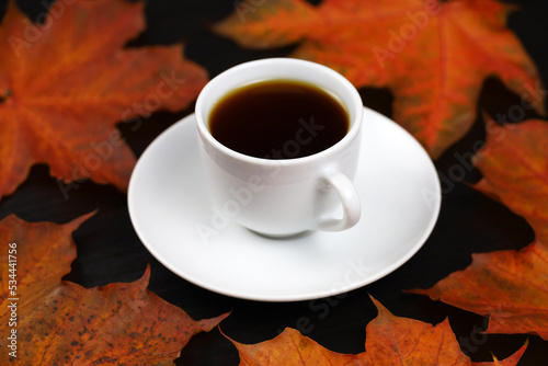 White cup of coffee or tea with saucer on red maple leaves and black table. Hot drink in autumn weather