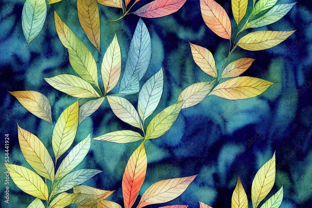 Fototapeta premium Seamless texture of wild colorful leaves. Hand drawn watercolor sketch painting on simple background.