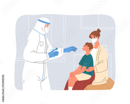 Child patient during covid-19 rapid antigen test in kids clinic. Nurse taking swab, collecting sample for coronavirus research in lab. Flat graphic vector illustration isolated on white background