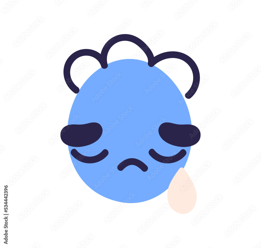 Crying sad face of emoticon. Abstract avatar weeping, shedding tears, feeling grief, sorrow. Unhappy upset emotion of distress, despair. Flat graphic vector illustration isolated on white background