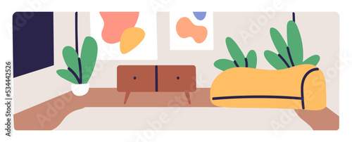 Living room interior design. Home apartment with furniture and decor, sofa, chest of drawers, house plant, wall pictures. Furnished lounge, livingroom panorama. Colored flat vector illustration