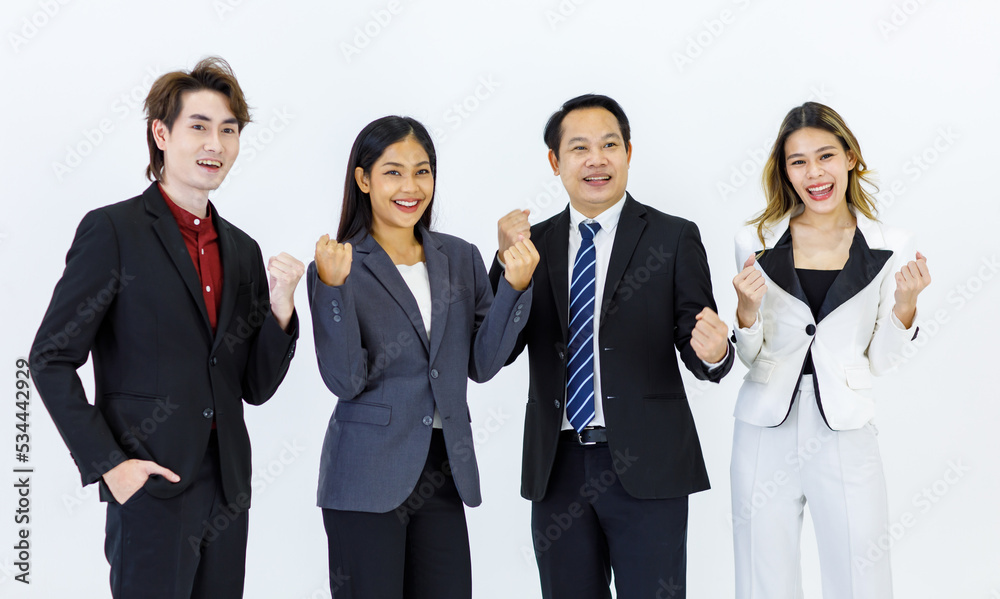 Studio shot Millennial Asian cheerful successful professional male businessmen and female businesswomen in formal suit standing posing side by side smiling together on white background Studio shot Millennial Asian cheerful successful professional male businessmen and female businesswomen in formal suit standing posing side by side smiling together on white background