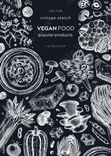 Vegan food sketched banner on chalkboard. Healthy food banner template. Middle eastern cuisine cover. Hand-drawn vegan meals and ingredients for menu, recipe, and packaging design. Vegan food sketches